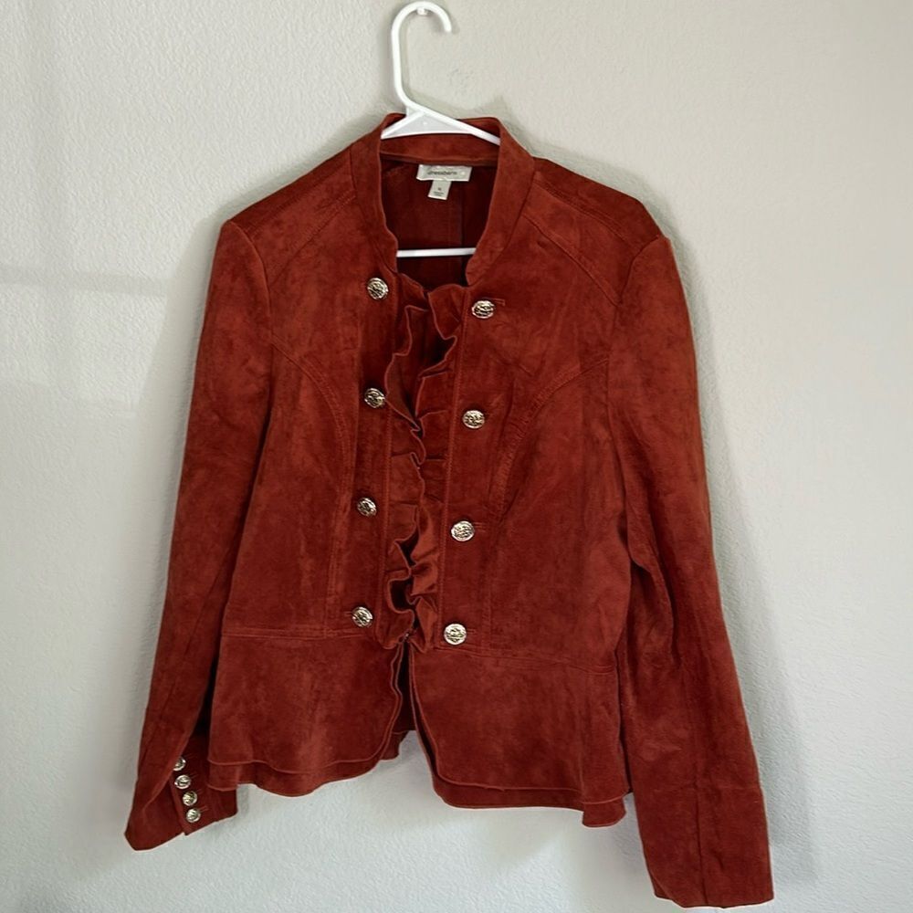 Deessbarn jacket gold hardware ruffle style size Xl dust orange color